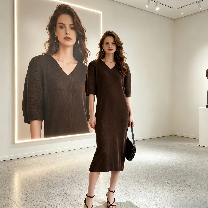 

Miyake Pleated 2026 New V-Neck Dress Summer Loose Slimming Fashionable Casual Elegant Tie Design Mid-Length Casual Dress Pleat