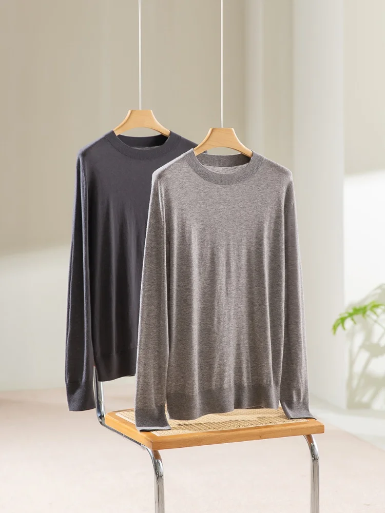 Birdtree Cashmere Silk Blend Bottoming Knitwear,Men's Solid O-neck Full Sleeve Sweater,2025 Autumn Winter Pullover T59906JF
