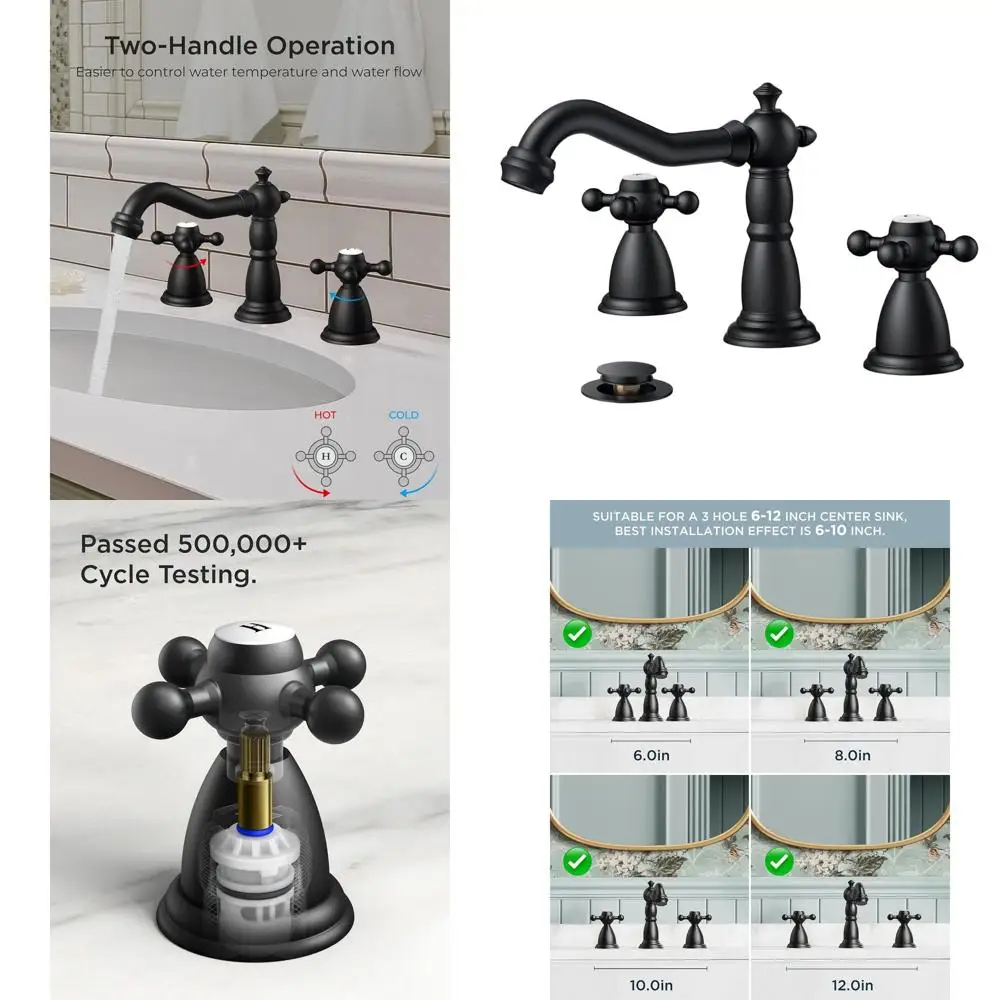 

Vintage 8 Widespread Matte Black Brass Bathroom Faucet with 2 Cross Handles, Metal Pop-Up Drain & Hoses for RV Vanity
