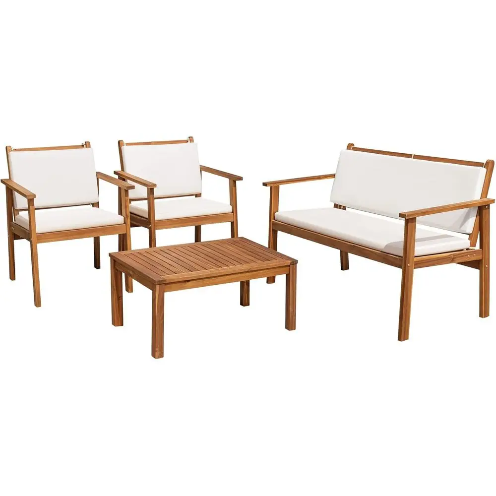 

4-Piece Acacia Wood Outdoor Patio Sofa Set with Table and Cushions for Porch, Deck, or Backyard