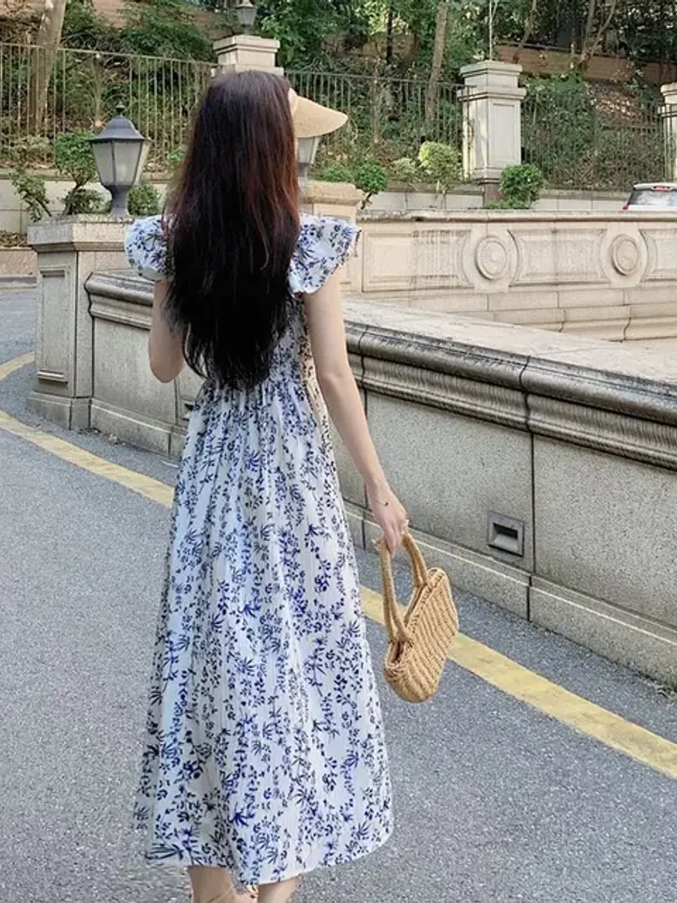 فستان نسائي أنيق لصيف 2025 فساتين كورية عصرية بياقة مربعة وطبعة زهور وخصر نحيف وأكمام طائرة #4