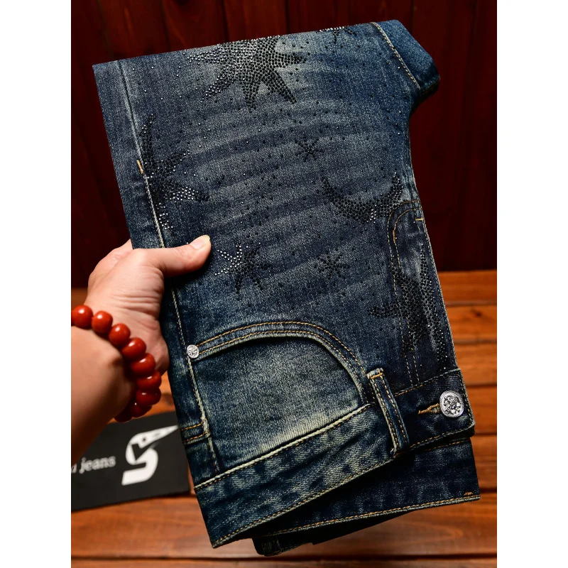 

Men's jeans with print design, elastic, trendy, washed, vintage blue pants