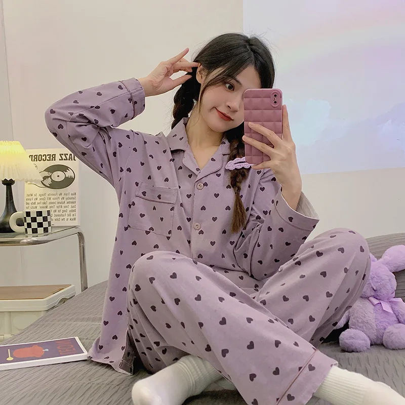 

Домашняя одежда в милом стиле с фиолетовым сердцем, весенне-осенний сезон, пижамы премиум-класса с длинными рукавами, женская одежда для общежития, комплект верхней одежды