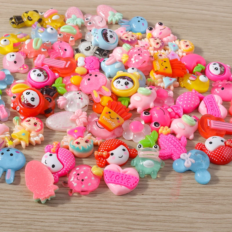 Tusember 15 Stück Bunte Niedliche Mädchen-Mini-Tierfiguren Blumen Frosch Hase Bär aus Harz mit Flacher Rückseite für DIY Handgemachte Handyhüllen-Dekoration – Detail 5