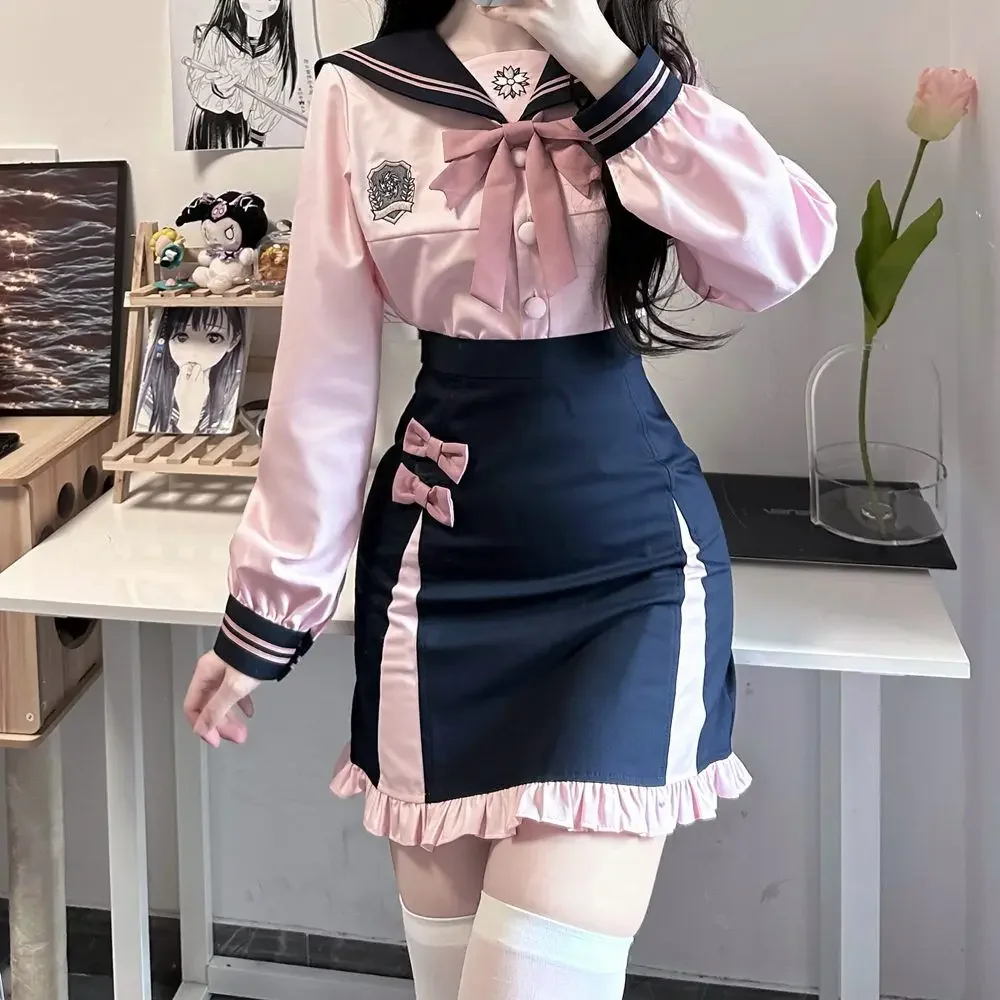 Autumn Winter Sweet Pink Navy Collar School Uniform with Bow Decorated Ruffle Skirt for Women Korean Jk Uniform Graduation Gown