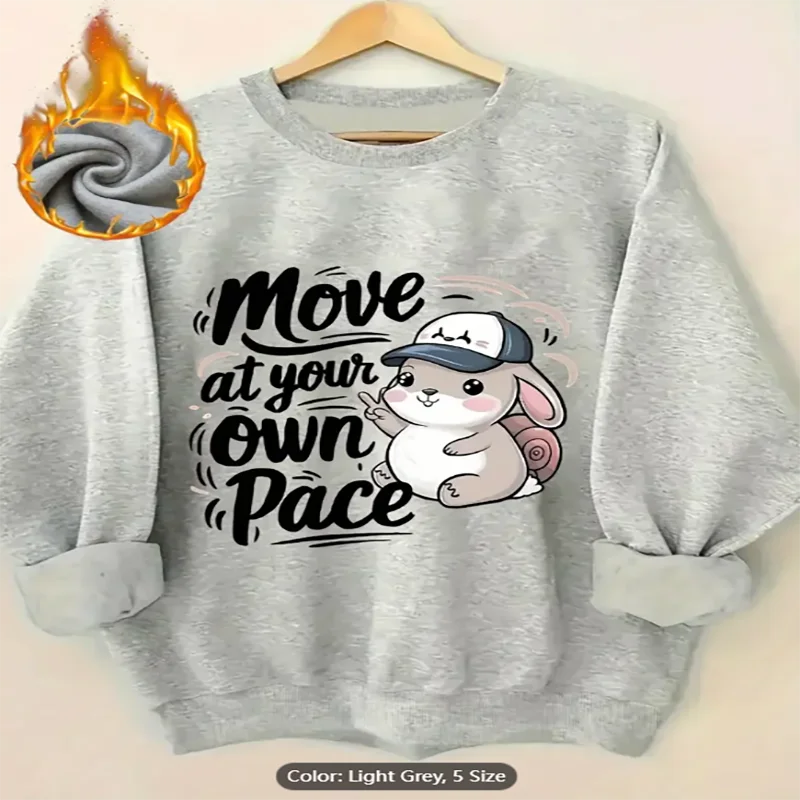 

Womens Light Grey Sweatshirt Move At Your Own Pace Bunny Graphic Print Fleece Lined Casual Oversized Pullover Top Pure Cotton