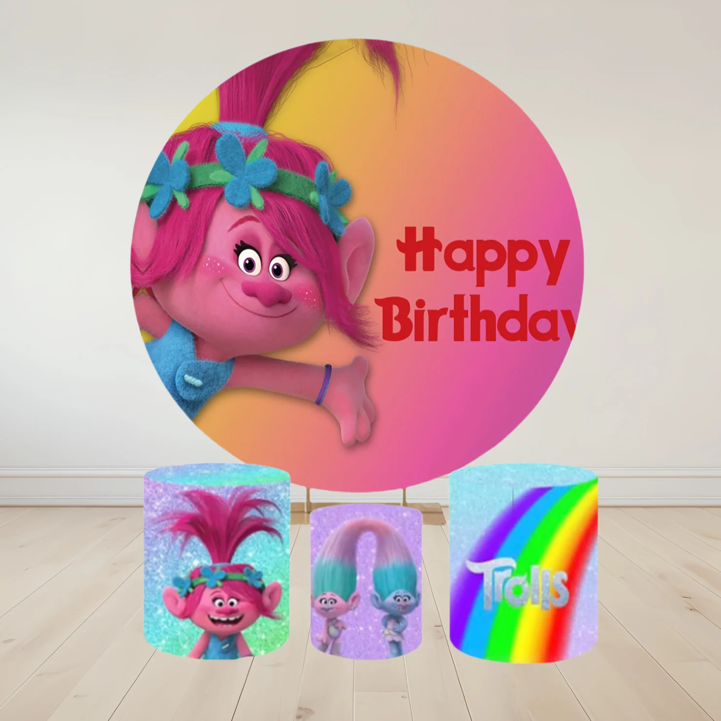 Hasbro Trolls Poppy Cylinder Cover Baby Shower Round Photo Backdrop Birthday Party Props Dessert Table Photography Background