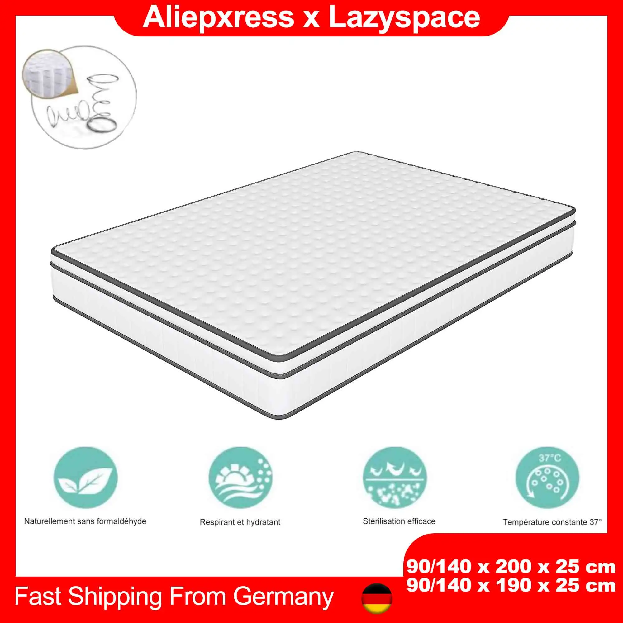 Lazyspace Atmungsaktive 3D-Netzmatratze, 140 x 190, 140 x 200, 90 x 200, 90 x 190, 25 cm,