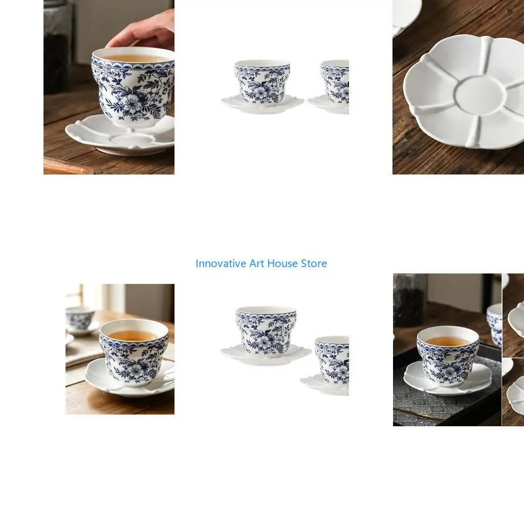 E1PC Florals Cup and Saucers Set of 2 for Afternoon Tea, Blue and White Ceramic Drinkware with Rounded Handleless Profile for