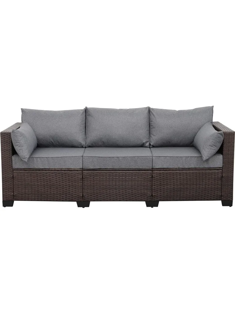 Patio Couch PE Wicker Outdoor 3-Seat Sofa Brown Rattan Furniture Set Deep Seating with Anti-Slip Grey Cushion