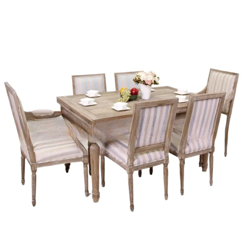 

American solid wood dining table furniture Log retro old weathered white retractable rectangular, oak dining table