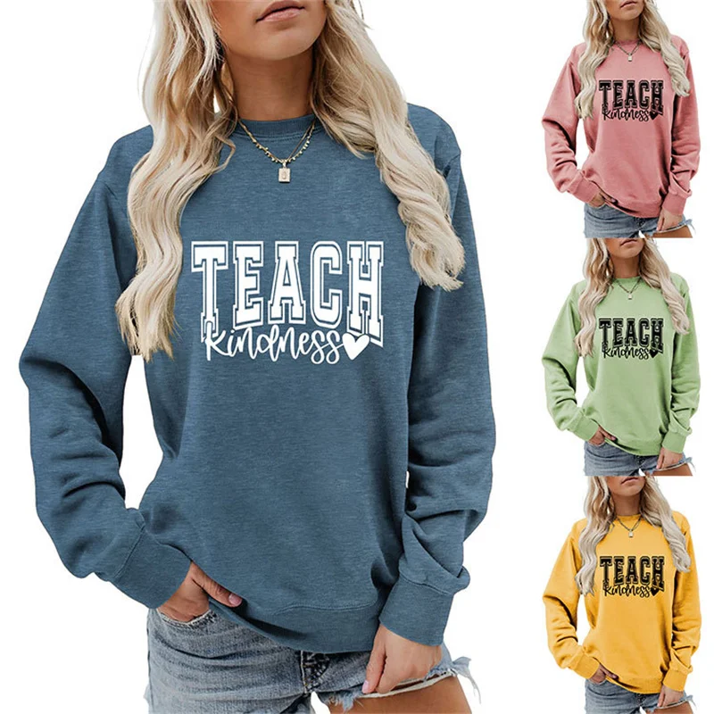 New cotton female teach kindness letter printing simple large size comfortable round neck long sleeve sports hoodie