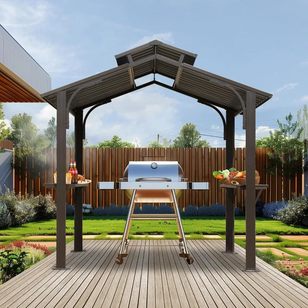 Domi Hardtop Grill Gazebo 8x5FT, Grill Canopy for Outdoor Grill w/Double Galvanized Steel Roof, 2 Side Shelves and Ceiling Hooks