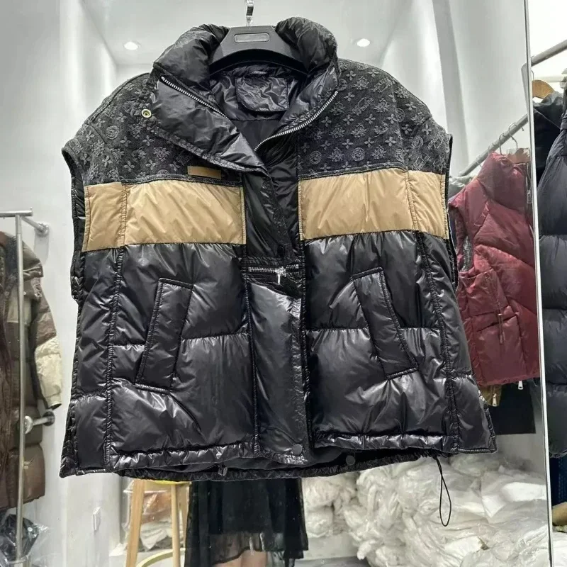 Nouveau col montant contrasté vers le bas gilet femmes court ample et à la mode blanc canard vers le bas Camisole veste manteaux d'hiver femmes