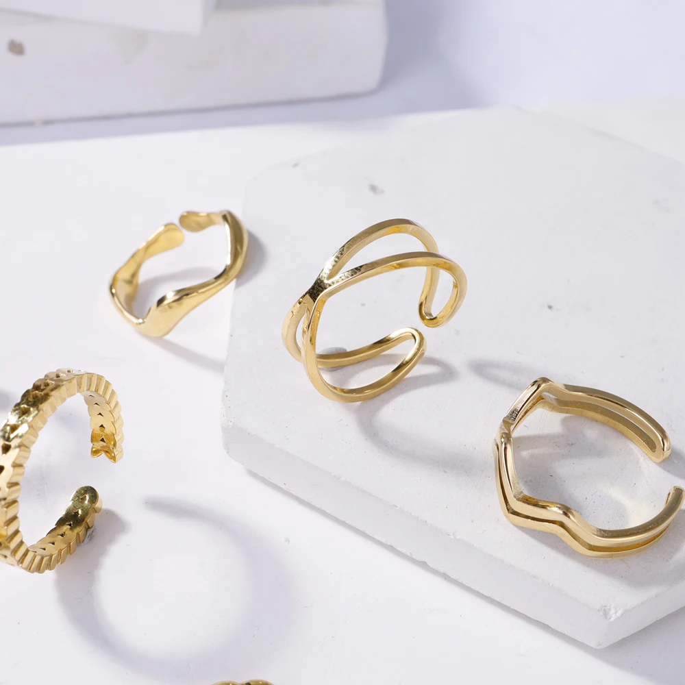 WILD & FREE New In Trendy Stainless Steel Golden Adjustable Rings for Women Geometric Charm Aesthetic Waterproof Jewelry