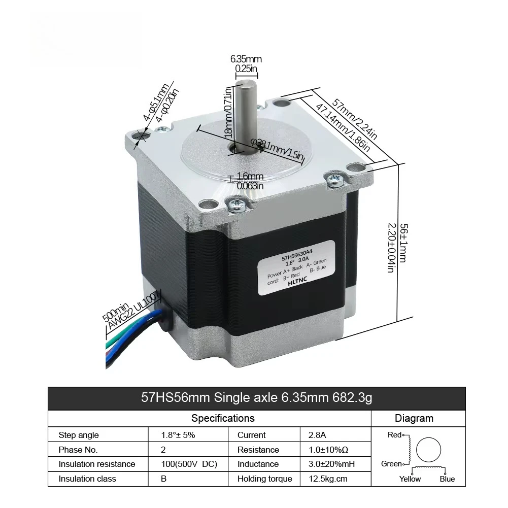 

Гибридный двухфазный шаговый двигатель HLTNC 57 мм 57HS56-3004A с управляемым источником питания постоянного тока 1,5А/3А, сертифицирован ROHS, подходит для различных применений