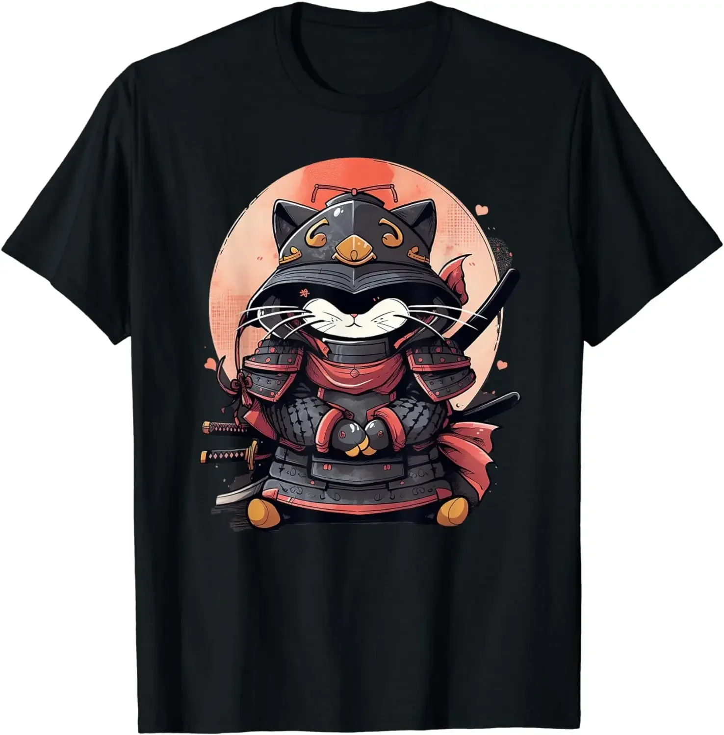 

Samurai Cat Graphic Tee Japanese Warrior Anime Cotton Crewneck T-Shirt for Men
