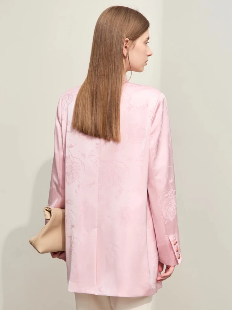 AMII 미니멀리즘 여성 재킷 2025 가을 신상 중간 길이 모란 자카드 루즈 긴팔 기본 프린트 여성 블레이저12441108