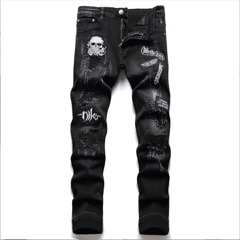 

Punk Skull Streetwear Jeans 2022 Men Broken Hole Embroidery Letter Ripped Harajuku Hip Hop Denim Pants Slim Trousers Male w296