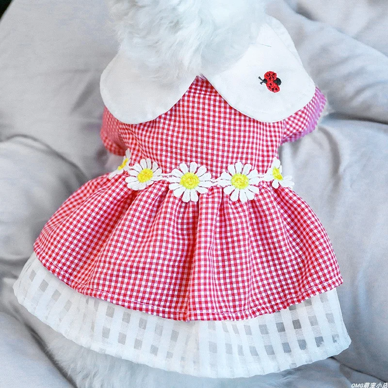 1PC Pet Apparel Dog Cat Red Plaid Ladybug Daisy Flower Lace Princess Dress Spring/Summer Thin Fit for Small and Medium sized Dog