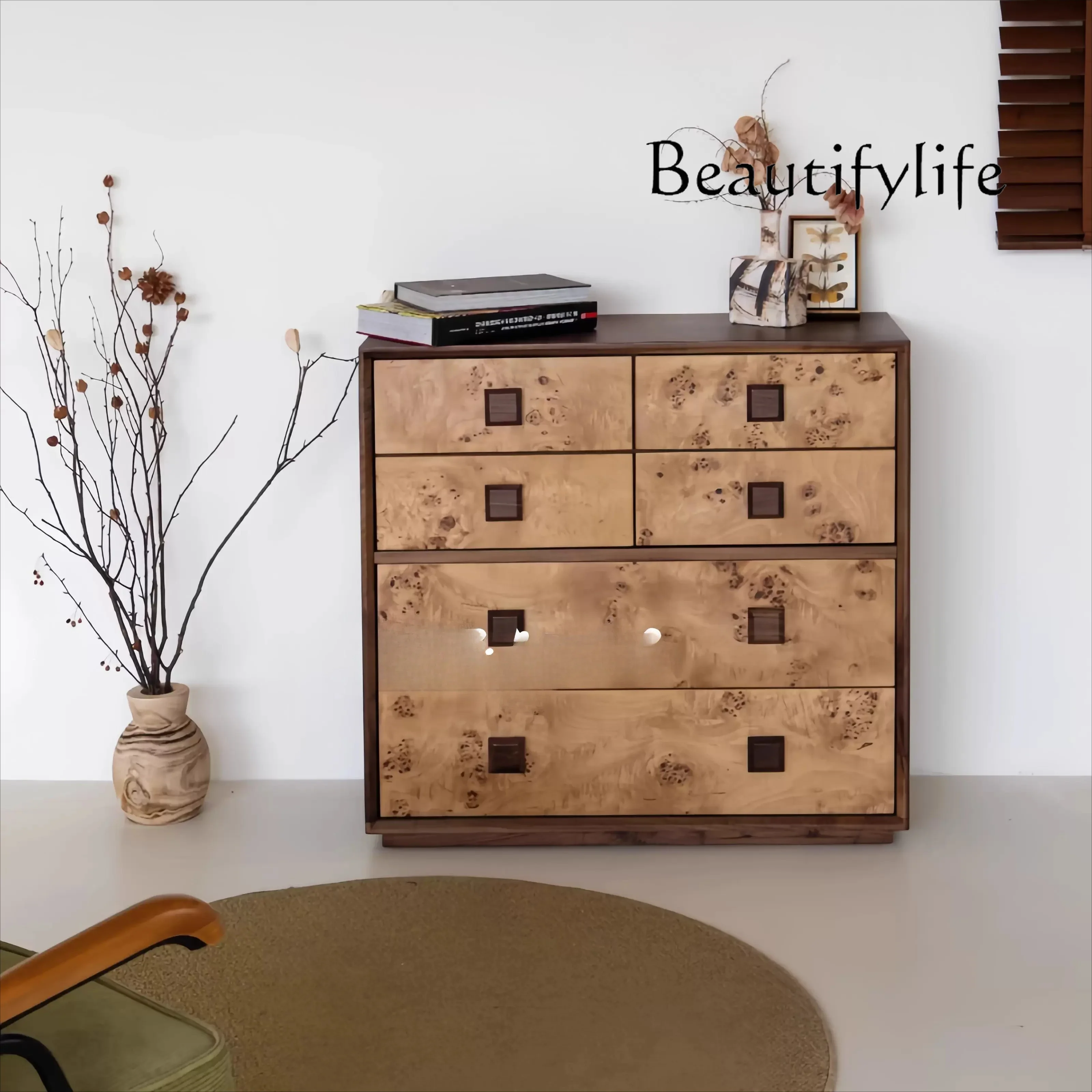 BJ Medieval Style Solid Wood Tree Tumor Skin Bucket Cabinet Designer Living Room Home Retro Wabi Sandy Wind Porch Cabinet Locker