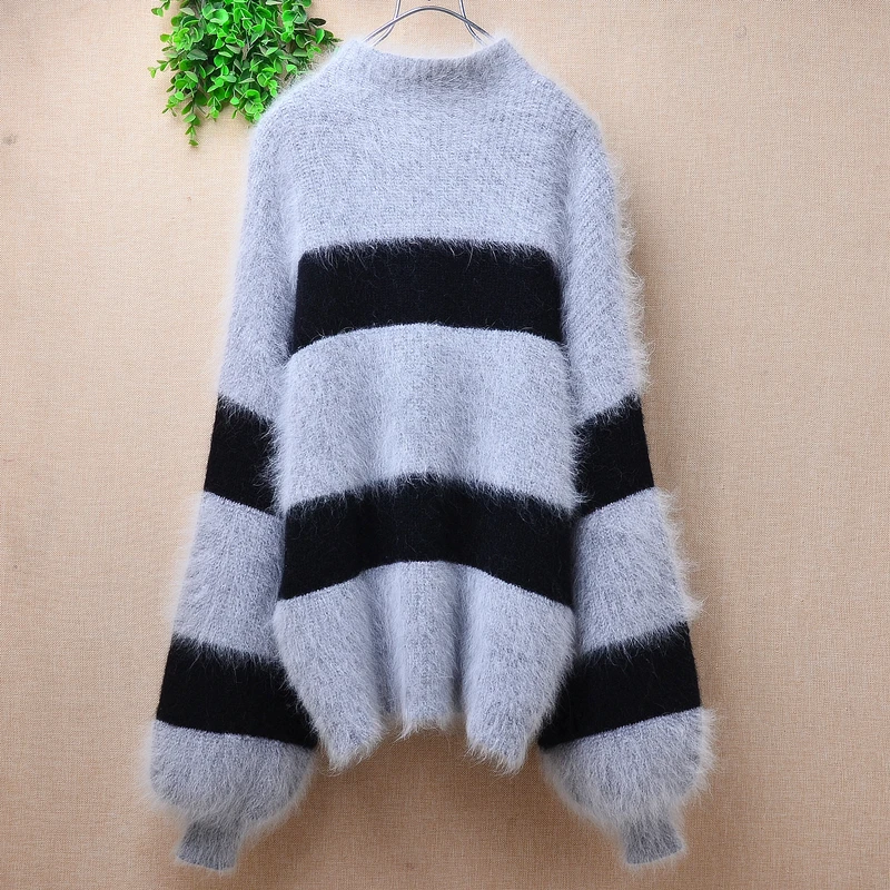 

Women Mujer Autumn Winter Clothing Hairy Angora Rabbit Hair Knitted Striped Long Lantern Sleeves Loose Pullover Sweater Jumper