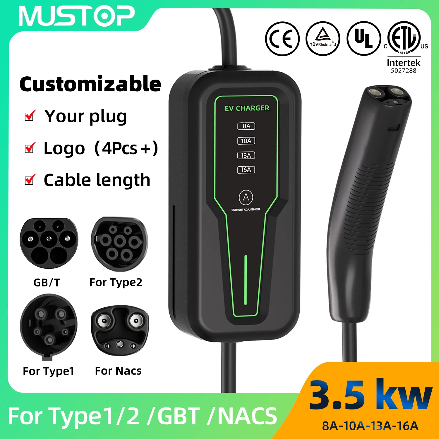 

MUSTOP EV Portable Charger Type 2 Type 1 GBT Nacs Customizable Plug 16A 1Phase 3.5KW 3.5m Charging Station for Electric Vehicle