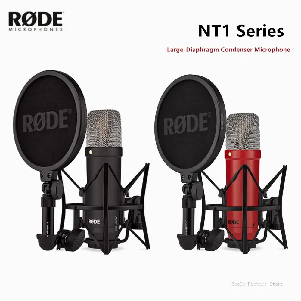 ميكروفون مكثف كبير الحجم من RODE NT1 مع حامل للصدمات لتسجيل فيديو الاستوديو والبث والبث