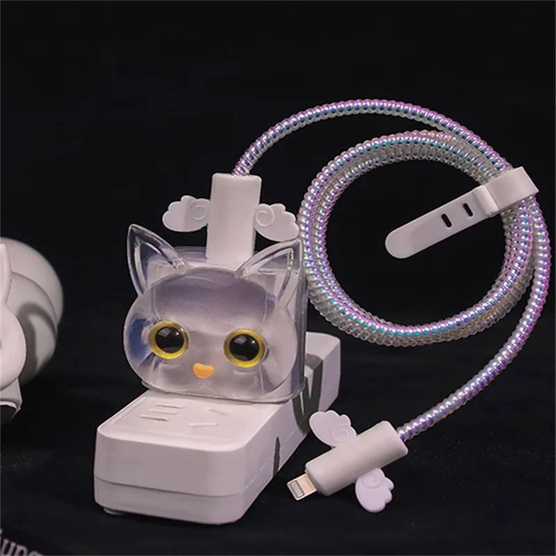 Cute Cartoon Transparent Cat Protector Organizer Data Line Management Charging Safe Winder For IPhone IPad 11 12 18W-20W Charger