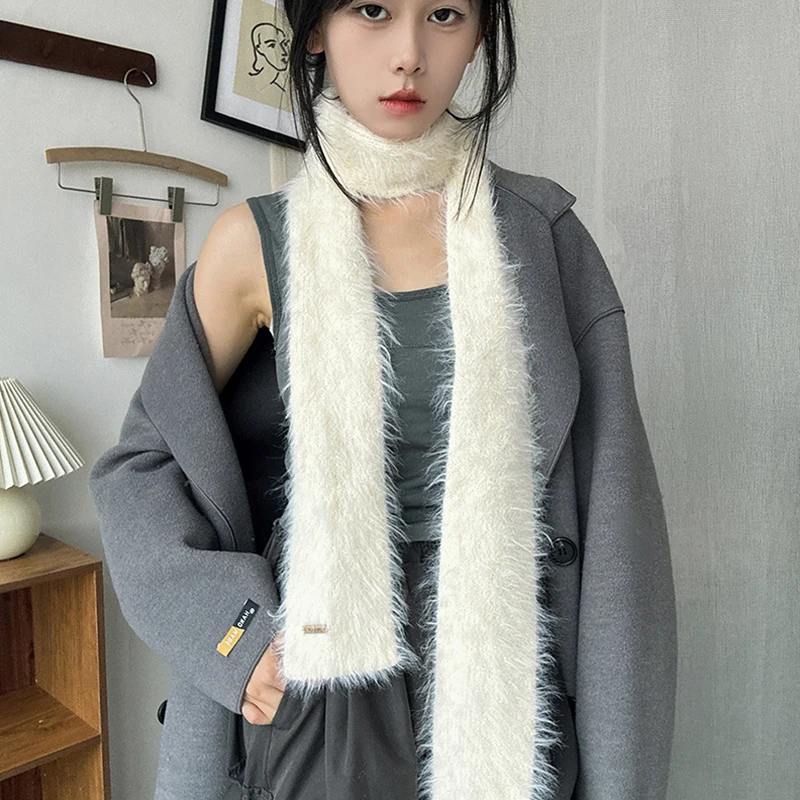 Korean Y2K Long Warm Mink Fur Scarf Plush Warm Knitted Shawl Fashion Imitation Skinny Scarves