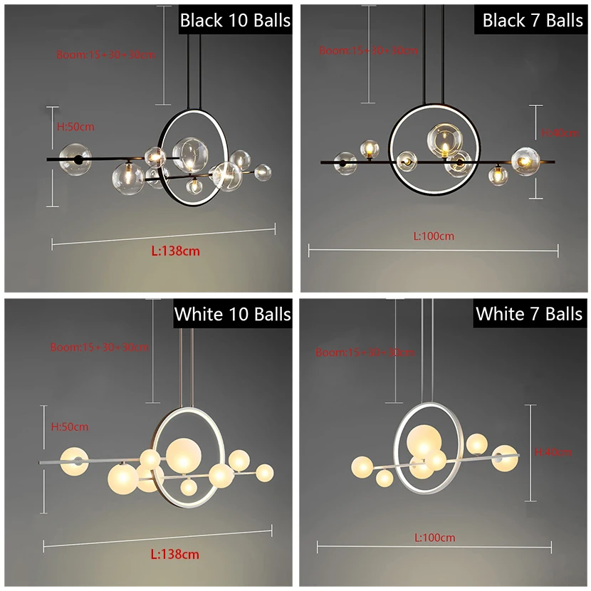 SNADYHA Modern LED Glass Ball Chandelier Black Smoke Clear Bubble Pendant Light Iron Frame Lamp for Dining Room Kitchen Table