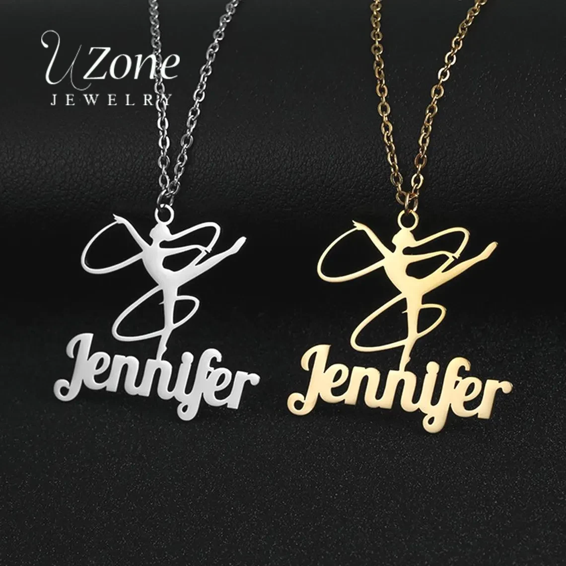 Uzone colar personalizado com nome para mulheres, colar com pingente de nome personalizado em aço inoxidável, joias elegantes para dançarinas, presente