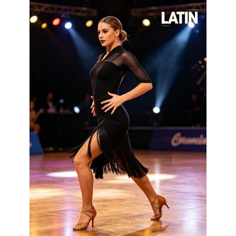 

S-4XL Women Black Modal Latin Dance Dress Premium Professional Competition Performance Costume For Adult Female Dance Exam