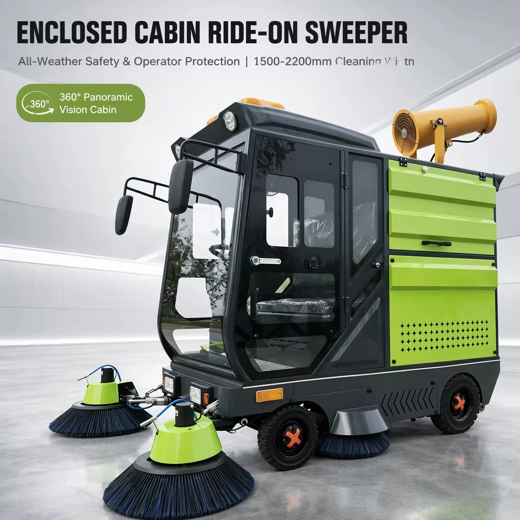 Commercial Electric Ride On Floor Sweeper Machine 15000m²/h High Efficiency Street Sweeper with 150L Water Tank & Sprayer