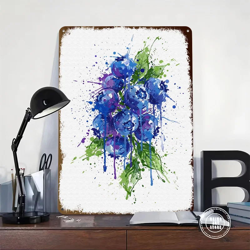 Blueberry Watercolor Printed Poster Customized Retro Wall Art Vintage Metal Tin Signs for Home Gaming Room Decoration Cozy House