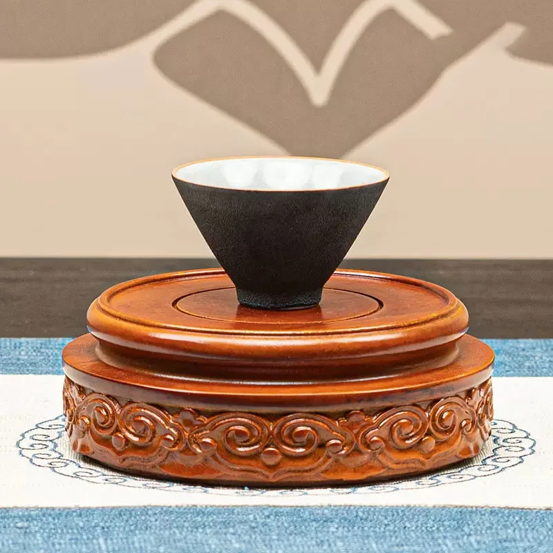 Solid Wood Round Incense Burner Purple Clay Pot Jade Ware Bonsai Decoration Stone Buddha Statue Wooden Base