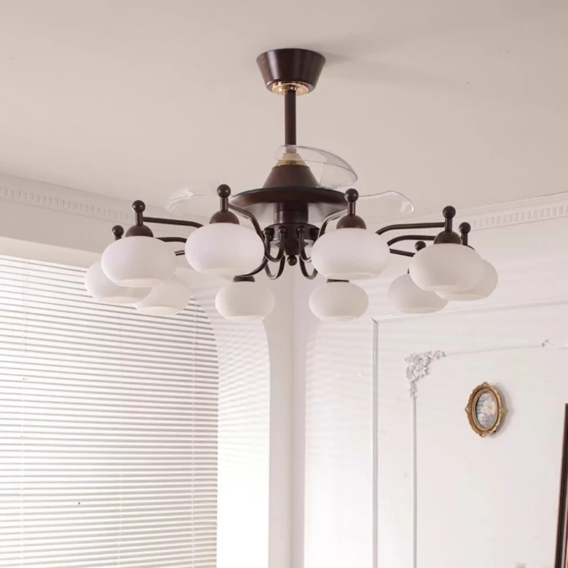 American Rotundity White Glass Ceiling Fans Lights Moden Living Room Bedroom Restaurant Kitchen Brown Wrought Iron Hanging Lamps