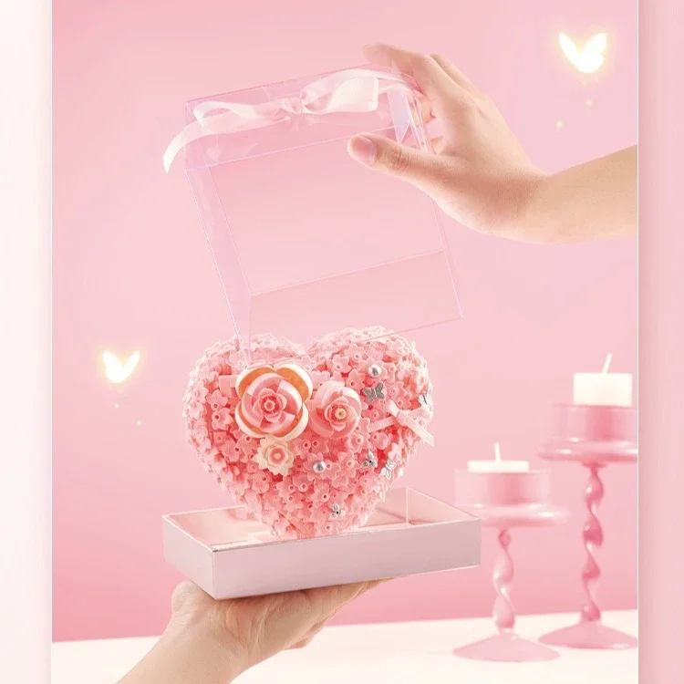 أزهار إبداعية على شكل قلب زهرة بناء الالعاب العملاقة الوردي الأبدية باقة الورد لتقوم بها بنفسك تجميع لعبة الطوب للفتيات امرأة الهدايا #4