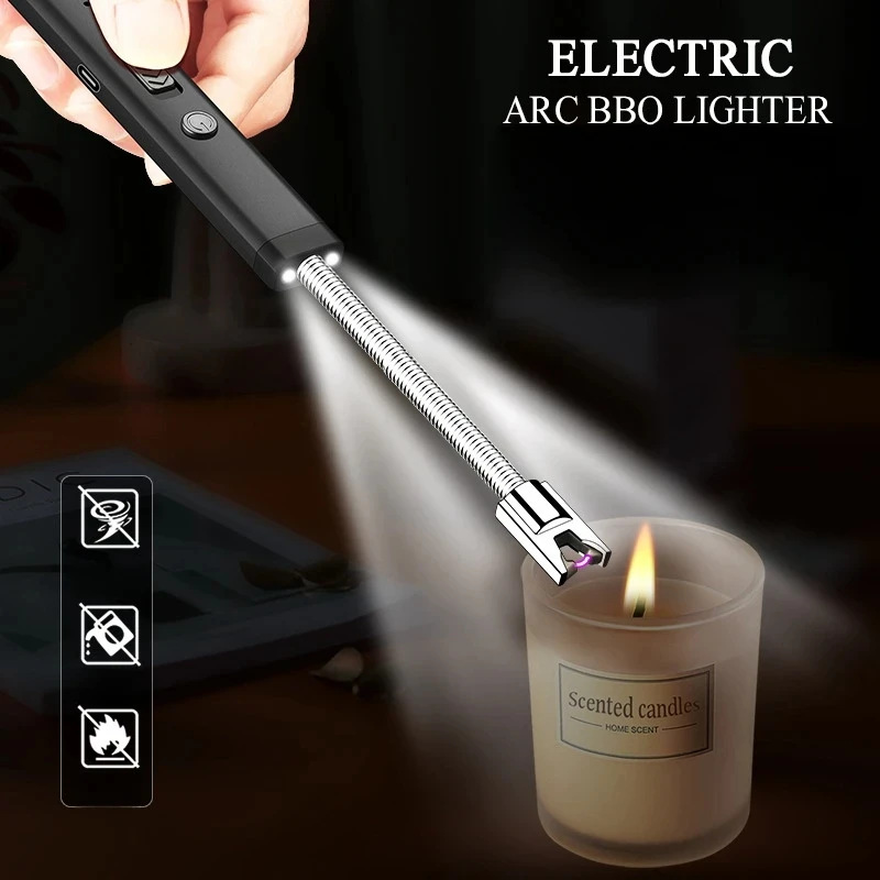 Metal Long Hose Type-C Rechargeable Windproof Arc Electric Lighter Pulse Ignition with LED Light Kitchen Gas Stove Igniter