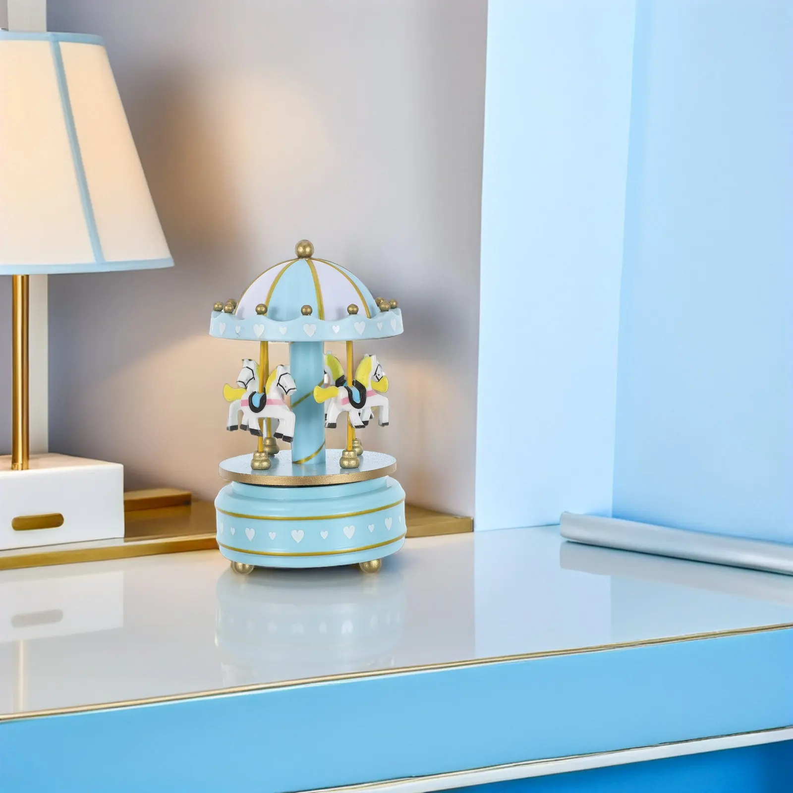 Wooden Carousel Music Box Sky-Blue Rotating Wind-Up Christmas Holiday Music Box Birthday Present Tabletop Decor