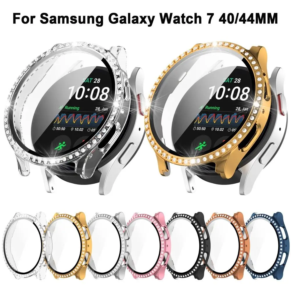 PC+Tempered Protective Case Anti-Scratch Smart Watch Diamond Bumper Full Coverage Accessories for Samsung Galaxy Watch 7 40/44mm