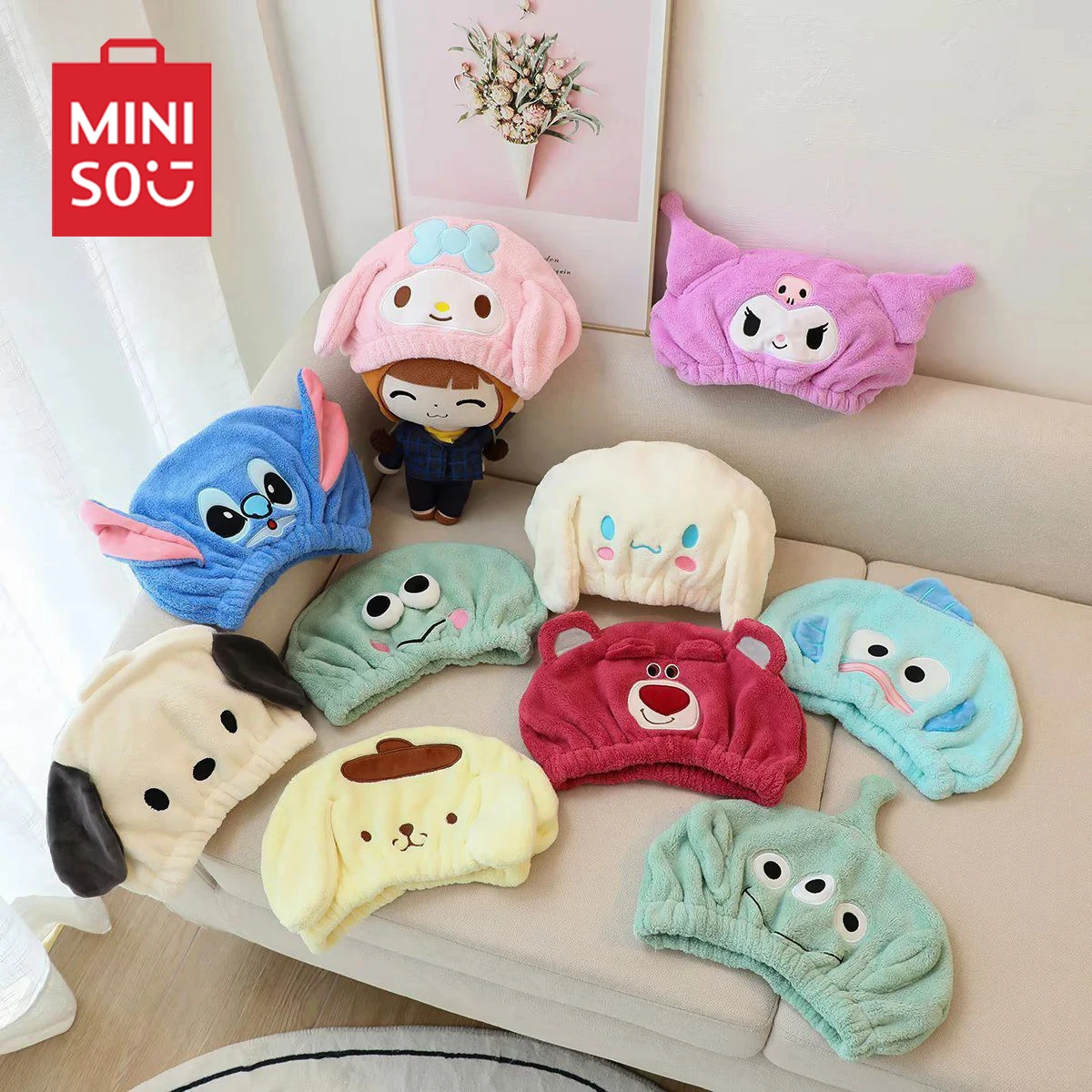 

Stitch Kuromi Dry Hair Towel Shower Cap Sanrio Disney Cartoon Absorbent Hair Wrap Cute Soft Pochacco Bathroom Women Accessories