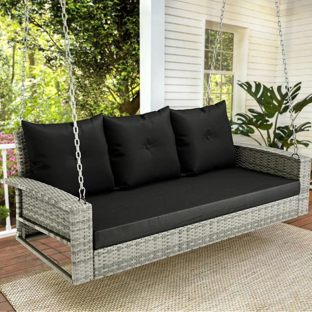 

3-Seats Wicker Hanging Porch Swing Chair Outdoor Gray Rattan Patio Swing Lounge 3 Back Cushions Capacity for Garden