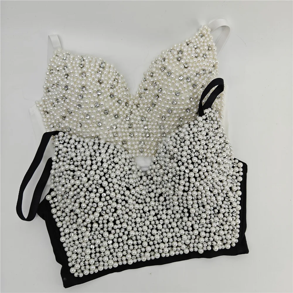 Women Luxury Pearl Beading Diamonds Bustier Top Stage Costumes Topic Party Camisoles Tops Sexy Club Camis Dropshipping