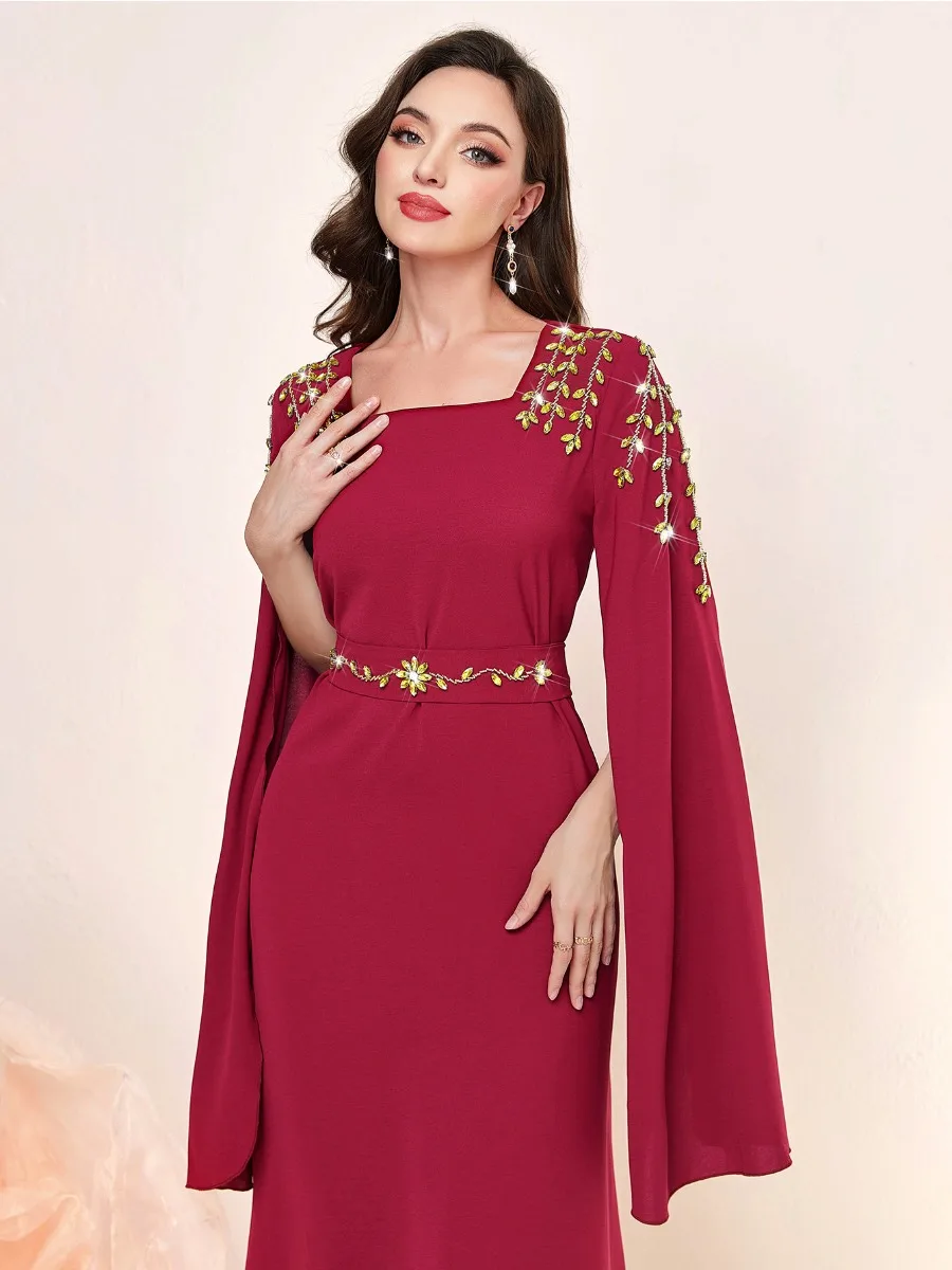 Eid Arab Muslim Party Dress Women Maxi Long Sleeve Diamond Jalabiya Long Dresses Morocco Kaftan Vestidos Dubai Ramadan Gown Robe