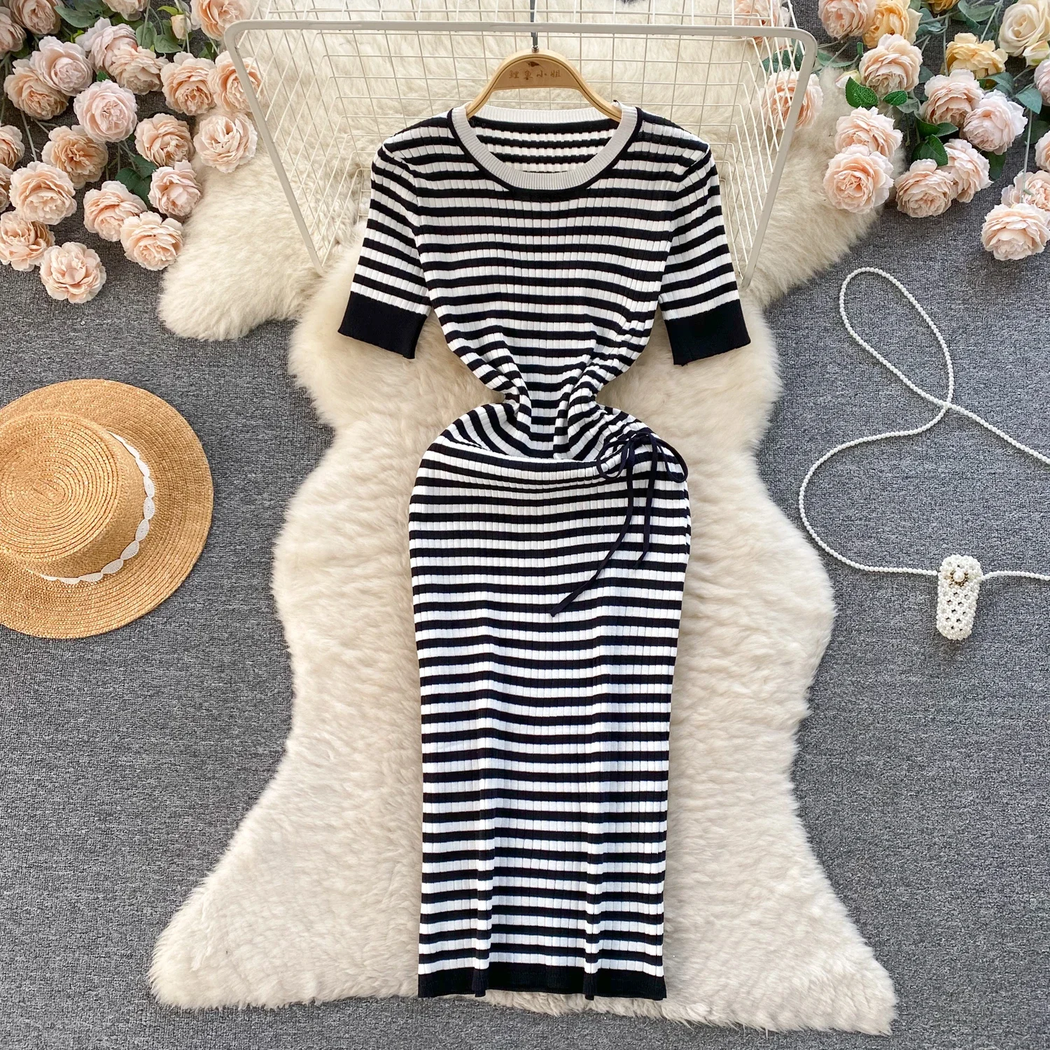 2024 Women\'s Summer Office Dress  Fashion Casual Stripe Elatic Waist Knitted Party Dresses O-neck Bandage Holiday Mini Dresses