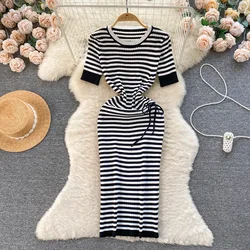 2024 Women's Summer Office Dress  Fashion Casual Stripe Elatic Waist Knitted Party Dresses O-neck Bandage Holiday Mini Dresses