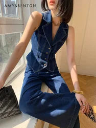 Hong Kong Style Retro Blue Denim Vest Sleeveless Tops Suit Female Summer High Waist Wide-Leg Bell-Bottoms Pants Two-Piece Set