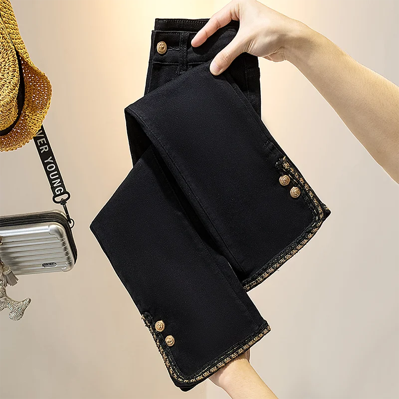 Slim Fit High Waist Denim Jeans Women's Autumn Gold Buckle Threaded Frayed Design Chic Nine Point Long Pants Casual Style