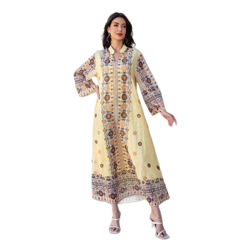 Abito da donna musulmano mediorientale con stampa in tessuto ricamato con diamanti caldi Abaya